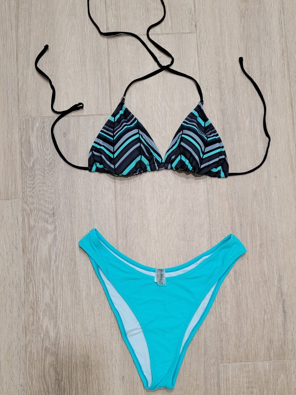 Black & Aqua Striped Triangle Bikini with Aqua High-Cut Bottoms